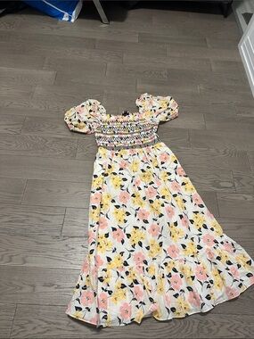 kate spade White Floral Smocked Puff-Sleeve Dress with Pink & Yellow Flowers